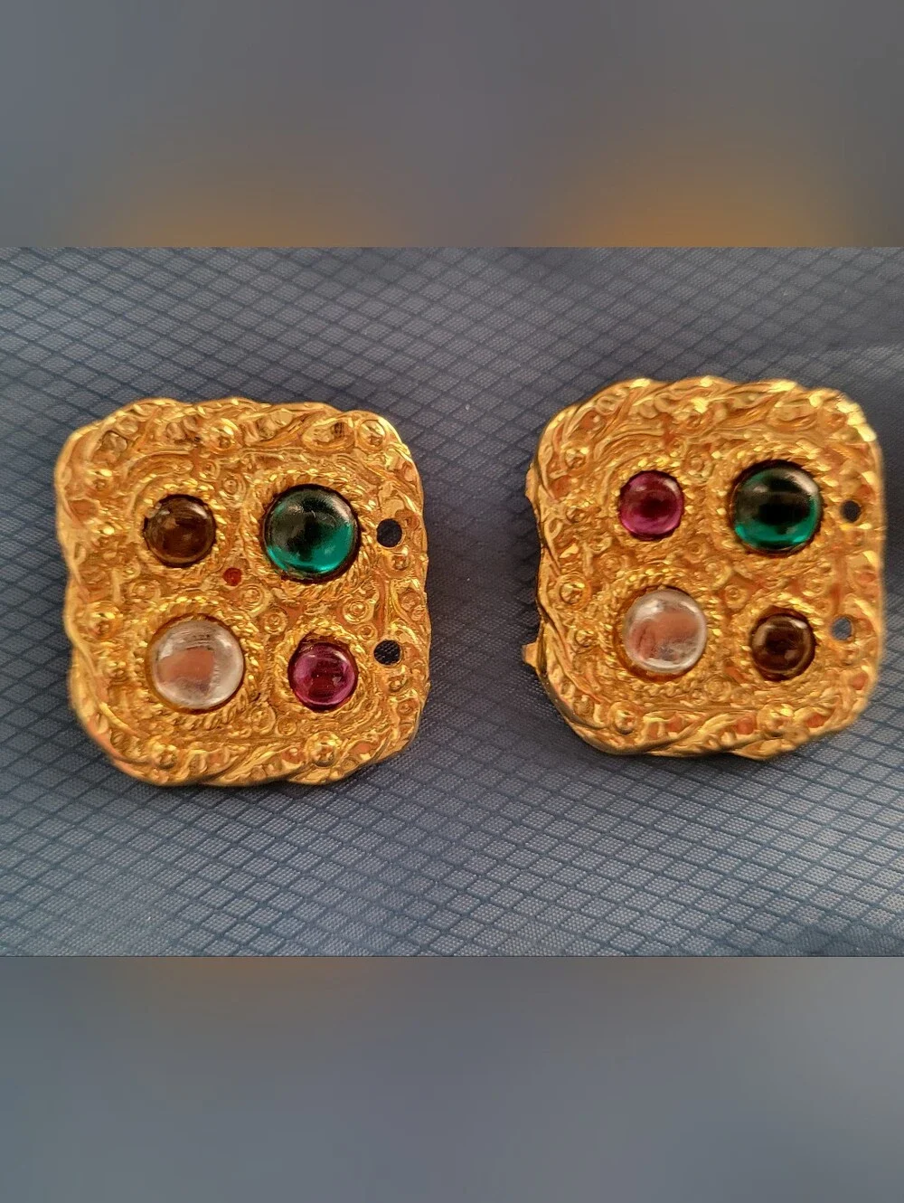 Vtg Gold-Tone Square Clip-On Statement 80s Earnings Green, Purple, Blue Accents